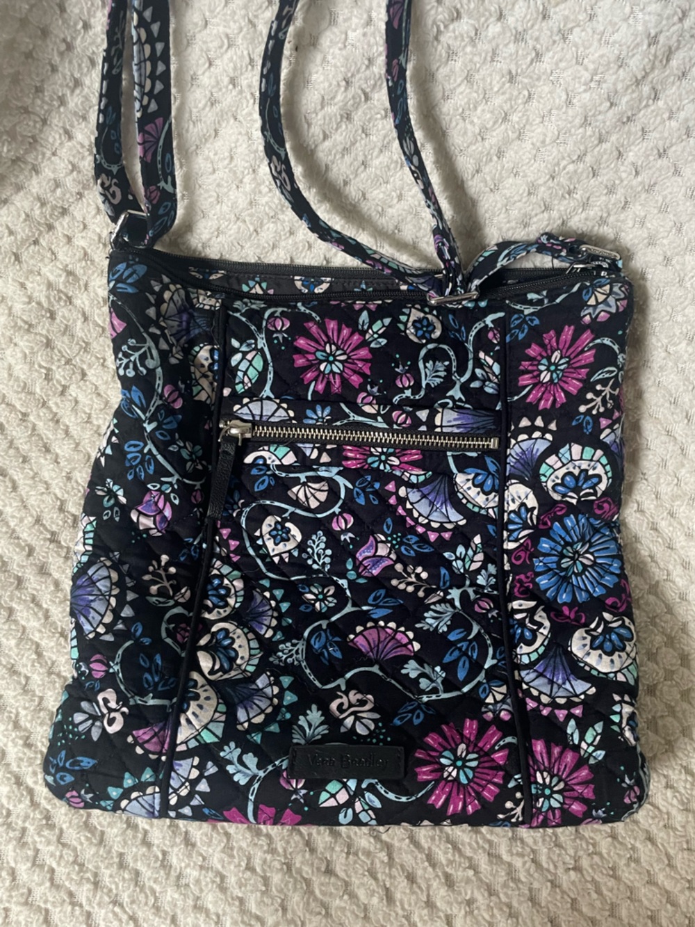 Vera Bradley Black Quilted Floral Crossbody with Blue, Purple, Pink Accents